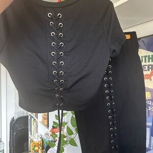 Corset Detail Black Women's Crop Top and Skirt Set